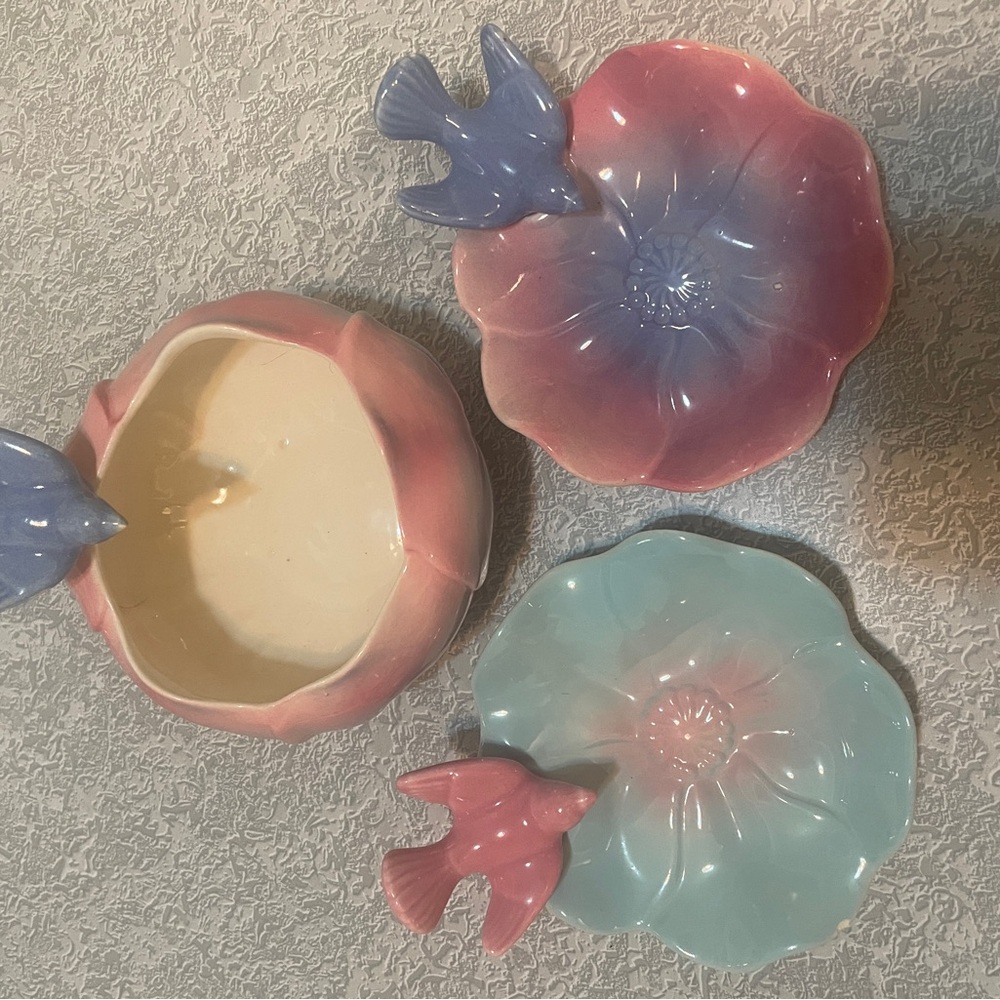 Small antique Royal Copley bird dishes with a bird bowl. - Picture 4 of 12